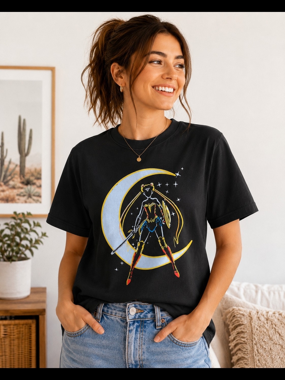 Black Graphic Tee with Moon Warrior Design
